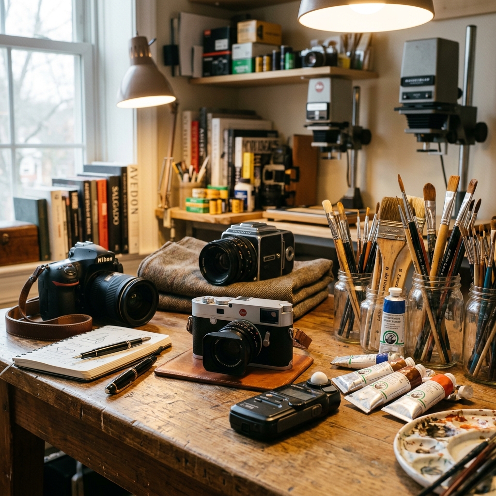 High-end photography equipment and art supplies in a studio setting, warm lighting, close up, detailed, no people